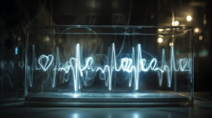 Poster - An artistic rendering of heart wave patterns emerging from a heartbeat monitor, incorporating elements of light and shadow for a dramatic effect
