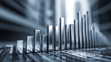 Poster - A D bar chart with rising, metallic bars in gradient shades, symbolizing growth and performance in a sleek, futuristic environment