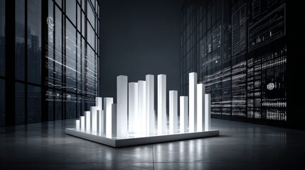 Poster - A D bar graph with bright, metallic bars showing financial data in a minimalist setting, with a modern, sleek digital interface in the background.