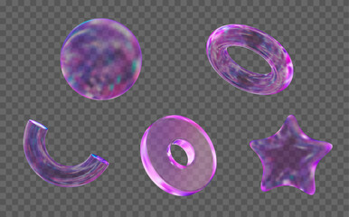 Aufkleber - 3d set glass transparent holographic geometric shape:  sphere, torus, star, disk. Simple neon figures with grid for your design. Stock vector illustration on isolated background.