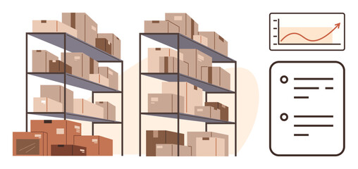 Poster - Packed boxes on shelves symbolize inventory storage. Includes inventory list and upward sales chart. Ideal for logistics, e-commerce, business planning, supply chain, inventory management, growth