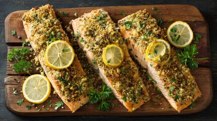 Aufkleber - A beautifully arranged platter of baked salmon with a crust of herbs and breadcrumbs, served with lemon slices and fresh parsley, highlighting a gourmet meal