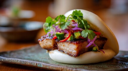 Aufkleber - A beautifully presented pork belly bao bun, topped with pickled vegetables and cilantro, set on a wooden table with soft natural lighting.