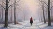 © Waqf - Equestrian rider in a vibrant red coat journeys through a misty, snow-covered forest path at sunrise.