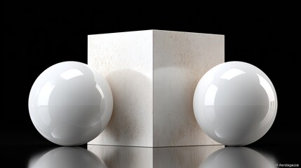 Poster - Three spheres of various textures and colors are artfully positioned in front of a cube, reflecting beautifully on a water surface