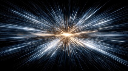 Aufkleber - A burst of light emanating from a central point in space, radiating outward in all directions with light trails, representing the concept of light speed