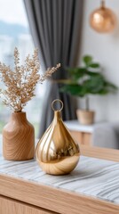 Poster - Sunlight streams through large windows, highlighting a golden bowl and a white vase with dried flowers on a marble surface in a sleek room