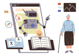 Poster - Robot assisting elderly woman with tasks, including language translation, notifications, and multimedia learning. Ideal for AI, technology, caregiving, education, accessibility innovation simple