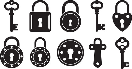 Fototapete - Collection of Antique Keys and Padlocks in Black Silhouette on Transparent Background
