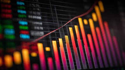 Poster - A close-up of a financial bar graph on a digital screen showing rising values, with sharp, colorful bars representing growth and progress in a business analysis