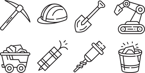 Fototapete - Mining Equipment Outline Vector Set: Industrial Tools for Mineral Extraction and Design