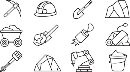 Fototapete - Mining Tools Outline Vector Set: Equipment for Mineral Extraction and Industrial Design