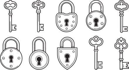 Fototapete - Outline Keys and Locks Vector Set: Antique Security Elements for Design Projects and Decoration