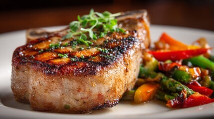 Aufkleber - A close-up of a juicy, grilled pork chop with a beautifully seared crust, served with a side of sauted vegetables and a sprinkle of fresh herbs.
