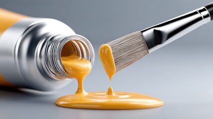 Poster - An artist skillfully pours bright orange paint from a brush onto a canvas, with an elegant blend of gray and white behind it