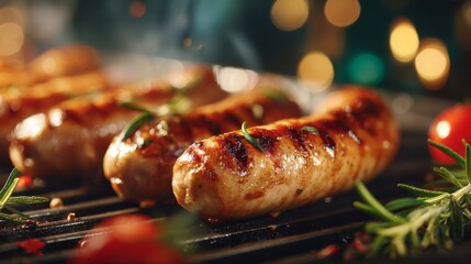 Aufkleber - A close-up of juicy sausages being grilled, with golden-brown coloring and a hint of char, surrounded by fresh herbs and spices, captured with soft lighting