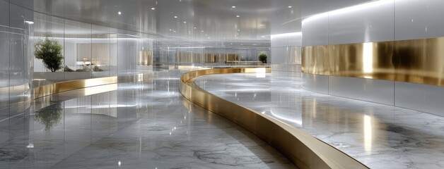 Poster - Abstract interior space features curved walls with golden accents, reflective flooring, and a design that enhances spatial depth and light