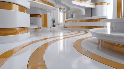 Poster - Abstract interior space features curved walls with golden accents, reflective flooring, and a design that enhances spatial depth and light