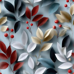 Poster - Autumn leaves and delicate berries create a picturesque vintage pattern against a soft blue backdrop, embodying seasonal charm SEAMLESS PATTERN