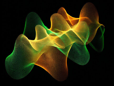 Abstract digital artwork featuring a swirling, flowing shape constructed from tiny dots, displaying a gradient of green to orange tones.