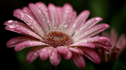 Poster - A close-up shot of a pink flower with clear water droplets on its petals, captured with soft lighting, giving the petals a fresh, dewy look