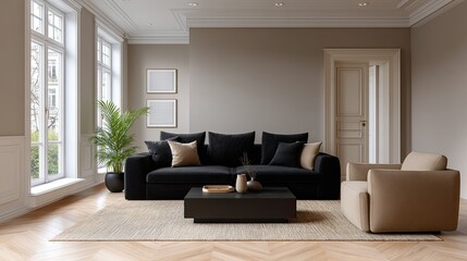 Poster - Cozy living room with black and beige furniture, a round coffee table, framed artwork, and natural light illuminating the space