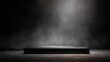© Stock by Anika - Podium black dark smoke background product platform abstract stage texture fog spotlight. Dark black floor podium dramatic empty night room table concrete wall scene place display.
