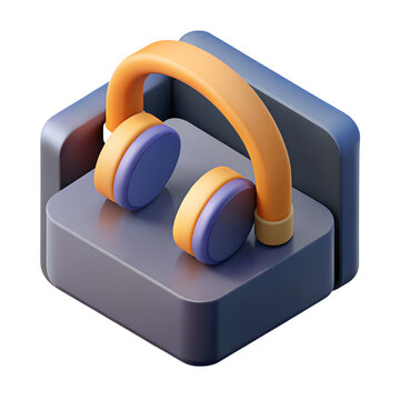 Modern 3d isometric illustration of orange headphones resting on a sleek grey platform