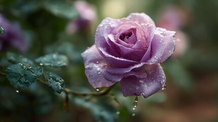 Poster - A delicate close-up of a lavender rose with fresh morning dew, with soft focus on the edges of the petals and the surrounding greenery slightly blurred.