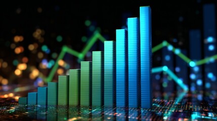 Poster - A detailed D financial bar graph with rising bars in blue and green tones, set against a modern digital grid background with glowing elements.
