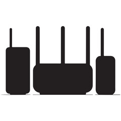 Fototapete - Black and white vector illustrations of a radio and computer, with a wireless internet router and antenna, depict essential network communication equipment
