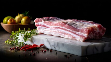 Aufkleber - A dramatic image of fresh pork belly on a marble countertop, highlighting the layers of fat and meat, evoking thoughts of delicious cooking possibilities