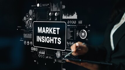 Fototapete - Professional Businesswoman Analyzing Market Insights with Digital Graphics and Data Visualizations in a Corporate Environment. Asymptotic smart data analytic.