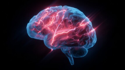 Poster - A dynamic shot of a brain illustration with neon-like highlights, representing different functional areas such as memory, emotion, and cognition.