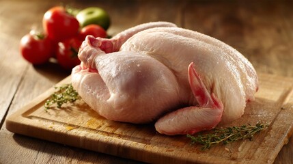 Aufkleber - A fresh whole chicken with smooth skin and vibrant red tones, laid on a clean, sanitized butcher block ready for preparation