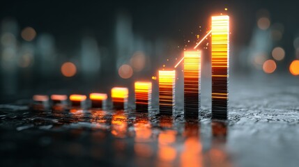 Poster - A futuristic, D financial bar graph with tall, glowing bars, highlighting the rise of stock values in a digital space filled with soft reflections