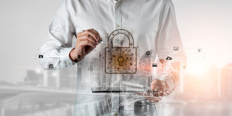 Poster - Cyber security safeguards data and systems. Cyber security uses AI, digital security protects cloud, Cyber security defends finance, and ensures access control. Vouch