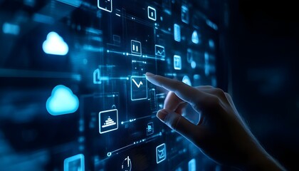 Poster - A close-up shot of a finger interacting with a high-tech digital interface displaying various icons and data analytics, symbolizing innovation and the digital future.