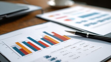 Poster - A high-resolution image of a financial report featuring multiple bar charts with detailed performance metrics, placed on a desk with business documents and a pen.
