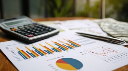 Poster - A high-resolution image of a financial report with detailed bar graphs, line charts, and pie charts, placed on a desk with a calculator and financial documents.