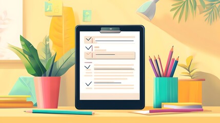 Poster - A colorful workspace featuring a checklist on a digital tablet, surrounded by vibrant plants and stationery, symbolizing productivity and organization in a modern office.