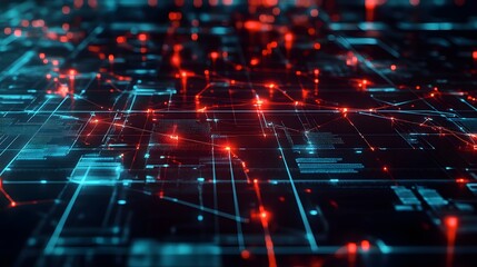 Poster - A futuristic digital landscape showcasing interconnected networks of blue and red lines. This high-tech visual represents data flow and connectivity in modern technology.