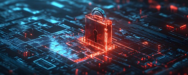 Poster - A futuristic representation of cybersecurity, featuring a glowing padlock over a digital circuit board. This image symbolizes data protection and technology innovation.