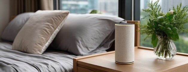 Poster - A white smart speaker blends seamlessly on a bedside table, surrounded by gray pillows and fresh plants in warm, inviting light