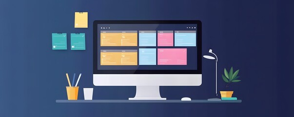 Poster - A modern workspace featuring a computer monitor displaying project management tasks, sticky notes, a desk lamp, and a small potted plant, ideal for productivity and organization.