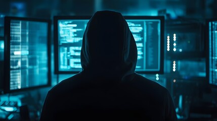 Poster - A mysterious figure in a hoodie sits in front of multiple glowing screens displaying complex data. The scene captures the essence of cyber security and the digital age.