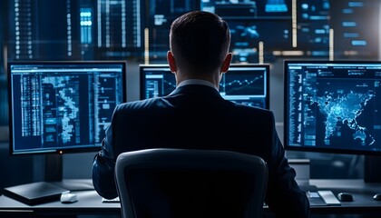 Fototapete - A professional man focused on data analytics, sitting at a desk with multiple monitors displaying complex information, showcasing the modern tech-driven business environment.