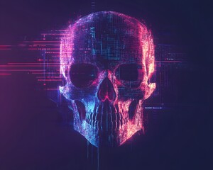Poster - A vibrant digital skull design showcasing a blend of neon colors and glitch effects. Perfect for modern art, science fiction themes, or digital creativity.