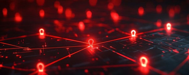 Poster - A vivid and dynamic representation of a digital network with glowing red connection points, symbolizing data flow and technological advancement in today's interconnected world.