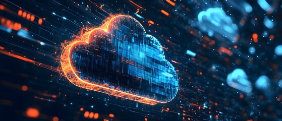 Poster - A vivid visualization of cloud computing, showcasing a technological cloud surrounded by digital streams of data, emphasizing innovation and modern connectivity in the digital age.